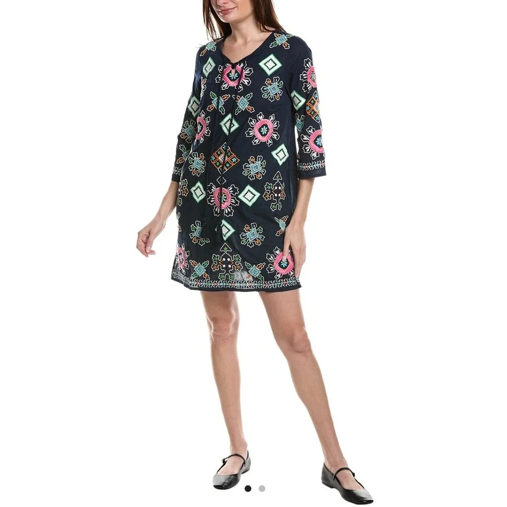 Frances‎ Valentine Capri Navy Blue Embroidered Cotton Tunic Dress Tassel Tie M